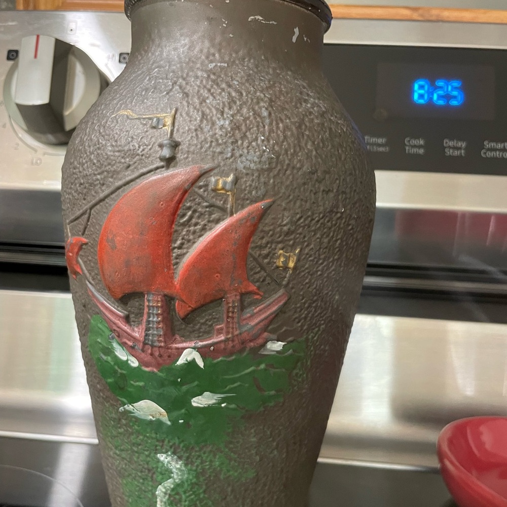 Antique Venetian Nautical Ship Goofus Glass Vase Early 1900's 9"H Hand Painted